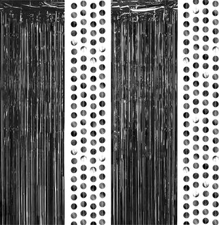 Foil Fringe Curtain Backdrops and Circle Garlands Set in Black (6pcs) 1