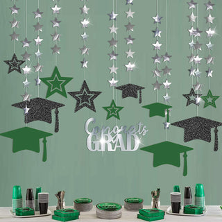 'Congrats Grad' Graduation Cap & Star Garland in Green, Black & Silver 1