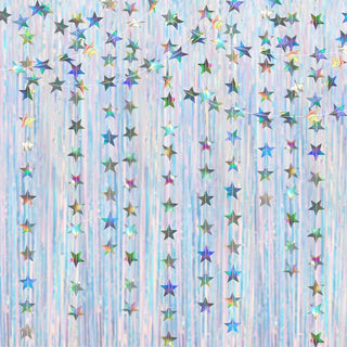 6.6 ft Iridescent Tinsel Foil Curtain with 4 Twinkle Star Garlands 1