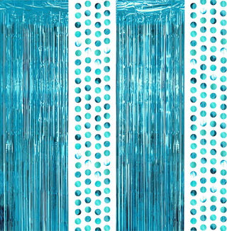 Foil Fringe Curtain Backdrops and Circle Garlands Set in Teal Blue (6pcs) 1