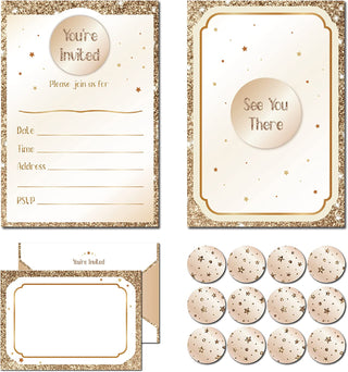 12 Set Invitation Cards You Are Invited Champagne Gold with Envelopes and Stickers 1