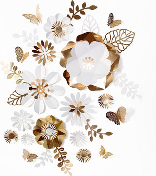 3D Shiny Gold White Flower Wall Decal Removable Daisy Aster Leaf Butterflies 1