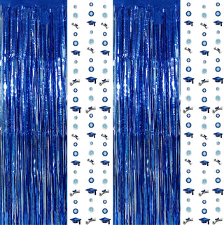 Foil Fringe Curtain Backdrops and Graduation Garlands Set in Blue (8pcs) 1