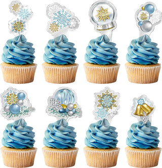 Snowflakes Cupcake Toppers Set in Gold, Blue and White (32pc) 1