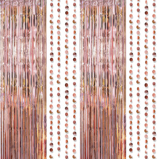 Foil Fringe Curtain Backdrops and Circle Garlands Set in Rose Gold (3pcs) 1