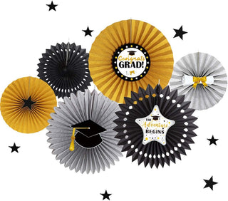 Congrats Grad Paper Fans and Cutouts in Black, Gold and Silver (18pcs)   1