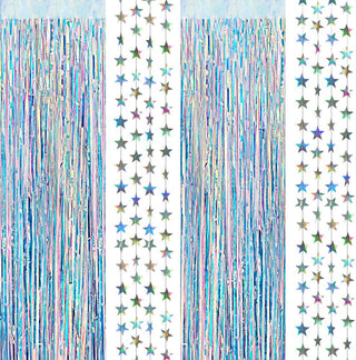 3.3 ft Iridescent Tinsel Foil Fringe Curtains with 2 Twinkle Star Garlands 1