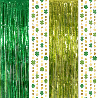 Green Gold Tinsel Foil Fringe Curtain Backdrop Shamrock Clover Garland Kit 1