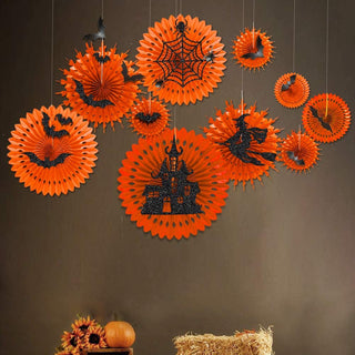19 pcs Paper Fan Halloween Decoration Set with Glittering Witch Bat Spider Web 1