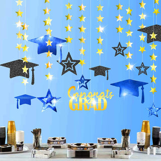 Royal Blue Graduation Party Decoration Kit Black Cap Decor Shiny Congrats Grad Banner 1