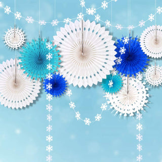Snowflake Christmas Paper Fans in White and Blue 
