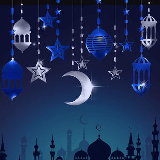 Islamic Silver Blue Star Crescent Moon Lantern Ramadan Garland 1