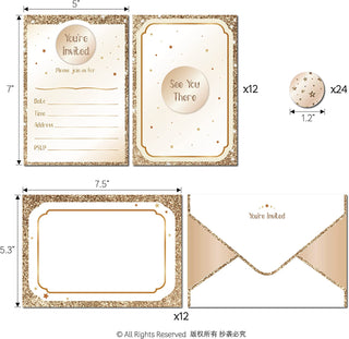 12 Set Invitation Cards You Are Invited Champagne Gold with Envelopes and Stickers 2