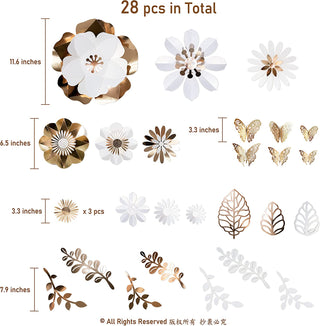 3D Shiny Gold White Flower Wall Decal Removable Daisy Aster Leaf Butterflies 2