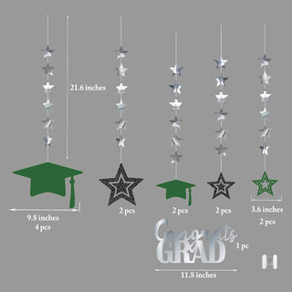 'Congrats Grad' Graduation Cap & Star Garland in Green, Black & Silver 3