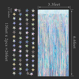 3.3 ft Iridescent Tinsel Foil Fringe Curtains with 2 Twinkle Star Garlands 2