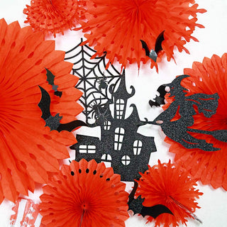 19 pcs Paper Fan Halloween Decoration Set with Glittering Witch Bat Spider Web 2