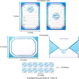 12 Set Glitter Blue You Are Invited Party Invitations Neutral Party Card with Envelops and Stickers 2