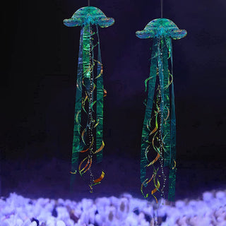 2pcs Glitter Iridescent Ocean Blue Jellyfish for Under The Sea Little Mermaid Party Decoration 2