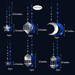 Islamic Silver Blue Star Crescent Moon Lantern Ramadan Garland 2