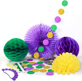 Gold Purple Green Mardi Gras Party Decorations Glitter Circle Garlands with Paper Fan 3