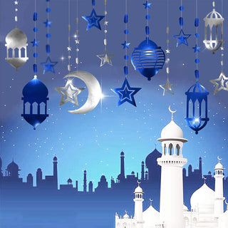 Islamic Silver Blue Star Crescent Moon Lantern Ramadan Garland 3