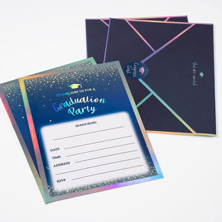 12 Set Holographic Blue Graduation Invitation Card Royal Blue Grad Invites with Gold Confetti 3