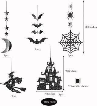 Glitter Black Halloween Party Garland Kit Birthday Decorations Hanging Witch Bat Spider 3