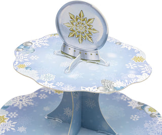 3-tier Gold Blue White Snowflake Cupcake Stand for Winter Wonderland Party Decorations 3