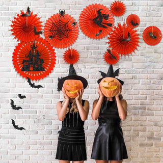 19 pcs Paper Fan Halloween Decoration Set with Glittering Witch Bat Spider Web 4