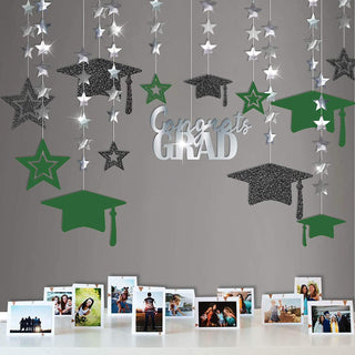 'Congrats Grad' Graduation Cap & Star Garland in Green, Black & Silver 2