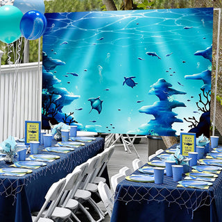 Under The Sea Backdrop for Ocean Party Decoration 5x7 ft Blue Fabric 4