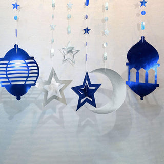 Islamic Silver Blue Star Crescent Moon Lantern Ramadan Garland 4