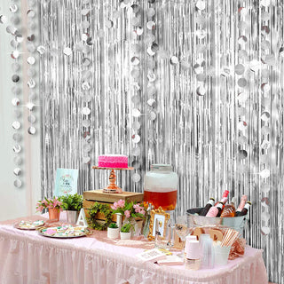 Foil Fringe Curtain Backdrops and Circle Garlands Set in Silver (6pcs) 2