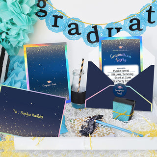 12 Set Holographic Blue Graduation Invitation Card Royal Blue Grad Invites with Gold Confetti 4