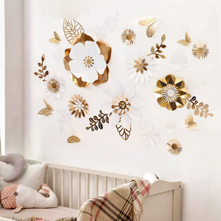 3D Shiny Gold White Flower Wall Decal Removable Daisy Aster Leaf Butterflies 5