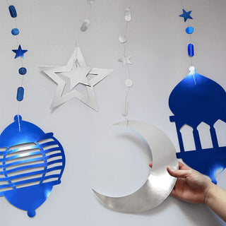 Islamic Silver Blue Star Crescent Moon Lantern Ramadan Garland 5