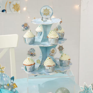 3-tier Gold Blue White Snowflake Cupcake Stand for Winter Wonderland Party Decorations 5