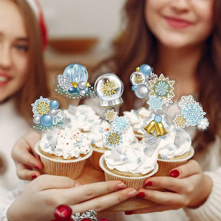 Snowflakes Cupcake Toppers Set in Gold, Blue and White (32pc) 2