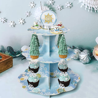 3-tier Gold Blue White Snowflake Cupcake Stand for Winter Wonderland Party Decorations 6