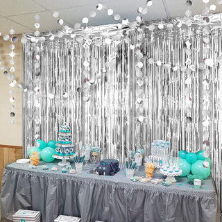 Foil Fringe Curtain Backdrops and Circle Garlands Set in Silver (6pcs) 4