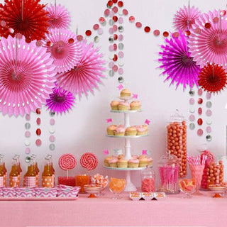 13pcs Rose Red Pink Party Decorations Hanging Pom Paper Fan with Glittering Circle Dot Garland 6