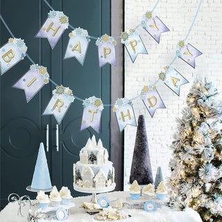 Snowflake Happy Birthday Flag Banners in Blue and White (2 pcs) 4