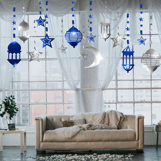 Islamic Silver Blue Star Crescent Moon Lantern Ramadan Garland 6