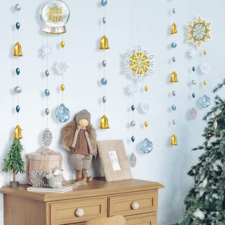 Bells, Snowflake and Snow Globes Christmas Garland in Gold, Blue and White (6 pcs)