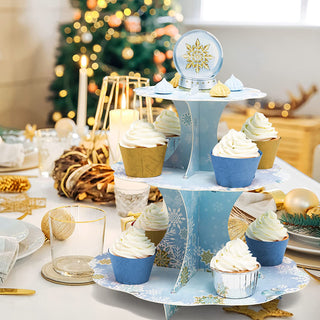 3-tier Gold Blue White Snowflake Cupcake Stand for Winter Wonderland Party Decorations 7