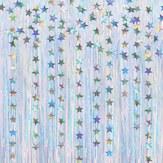 3.3 ft Iridescent Tinsel Foil Fringe Curtains with 2 Twinkle Star Garlands 7