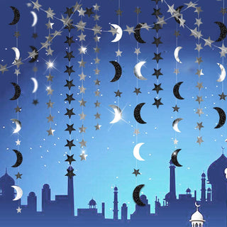 Glitter Black Silver Crescent Moon Star Garland Ramadan Party Decoration 7