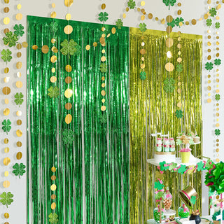 Green Gold Tinsel Foil Fringe Curtain Backdrop Shamrock Clover Garland Kit 7