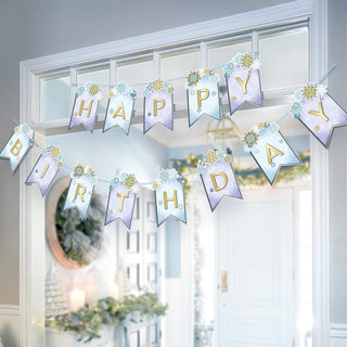 Snowflake Happy Birthday Flag Banners in Blue and White (2 pcs) 6